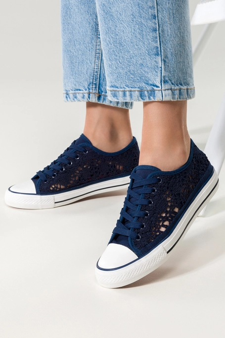 Granatowe trampki damskie koronkowe buty sportowe ażurowe sznurowane Casu EV-97