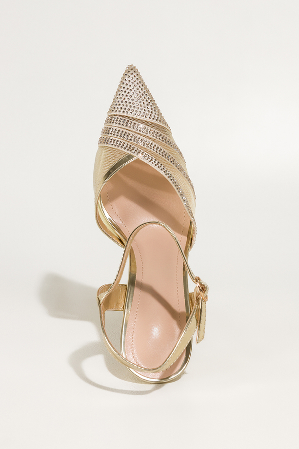 Złote czółenka damskie szpilki z siateczką ozdobione cyrkoniami odkryta pięta Carla N876