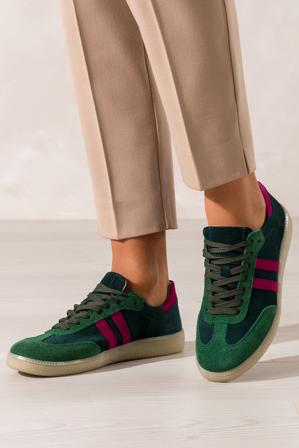 Zielone sneakersy skórzane damskie buty sportowe z fuksjowymi wstawkami sznurowane PRODUKT POLSKI Casu N1068