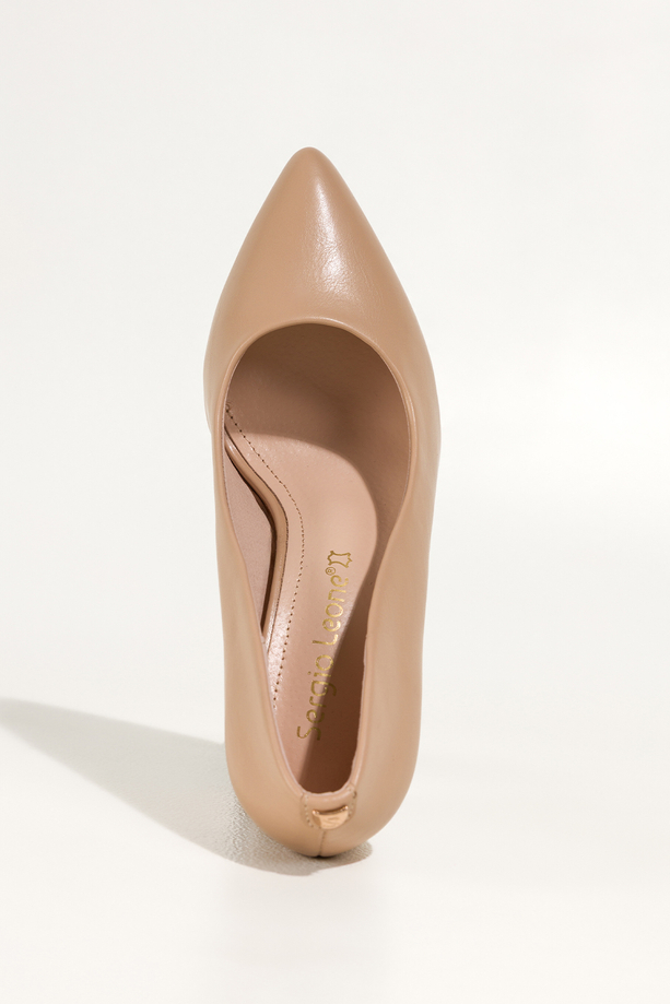 Ciemnobeżowe czółenka damskie Sergio Leone obcas słupek skórzana wkładka złota ozdoba na pięcie KY783