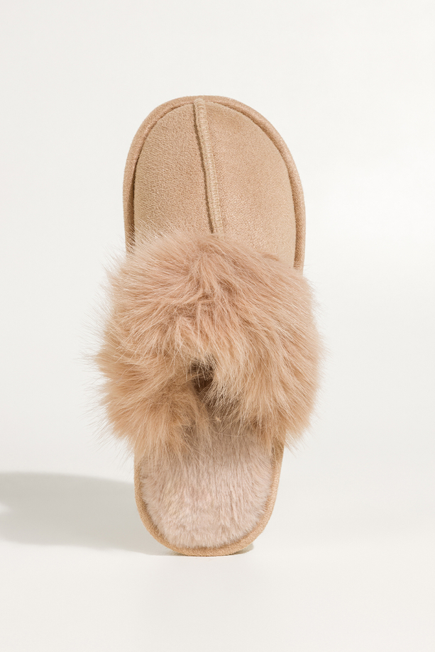 Beżowe kapcie damskie obuwie domowe z futerkiem Casu 7975-8