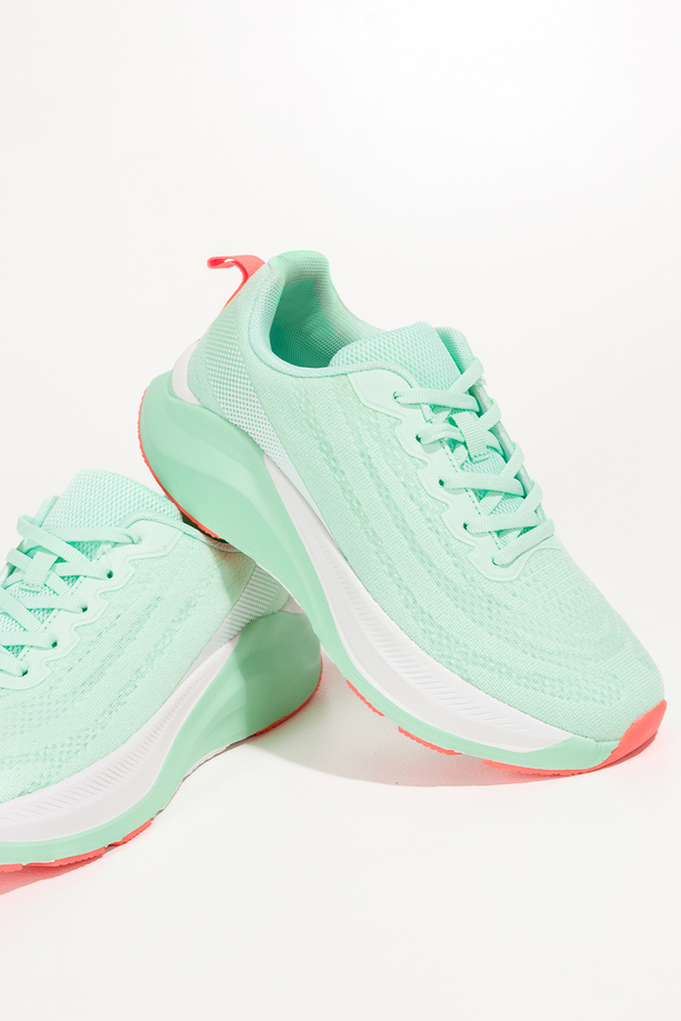Zielone sneakersy damskie buty sportowe do biegania zielona platforma pomarańczowe wstawki sznurowane Casu 9032-3