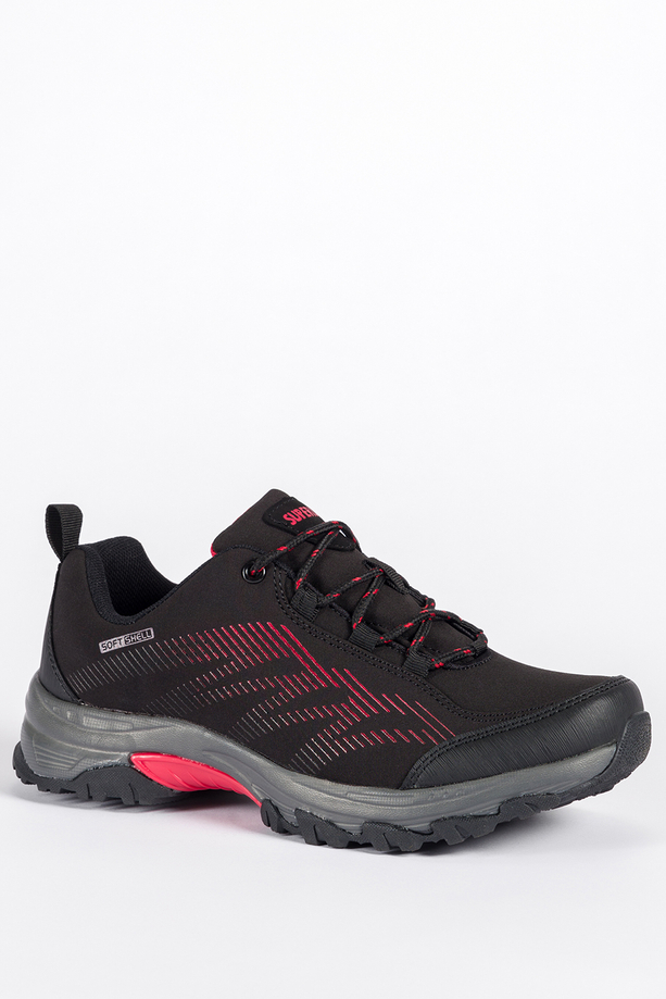 Czarne buty trekkingowe damskie buty sportowe softshell na bieżnikowanej podeszwie sznurowane czerwone wstawki Carla 8046