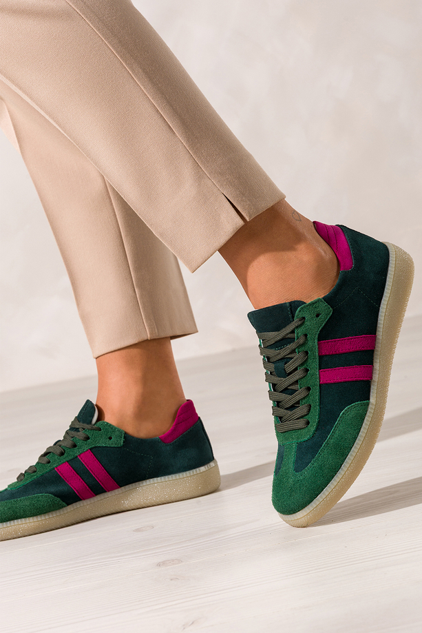 Zielone sneakersy skórzane damskie buty sportowe z fuksjowymi wstawkami sznurowane PRODUKT POLSKI Casu N1068