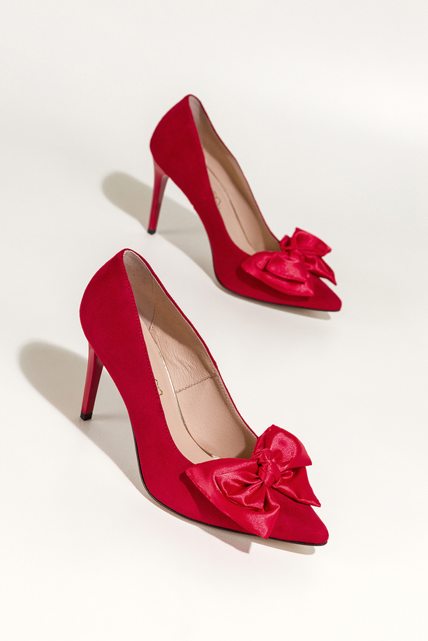 Czerwone czółenka skórzane damskie szpilki z satynową kokardą PRODUKT POLSKI Casu 7006-662-IVW