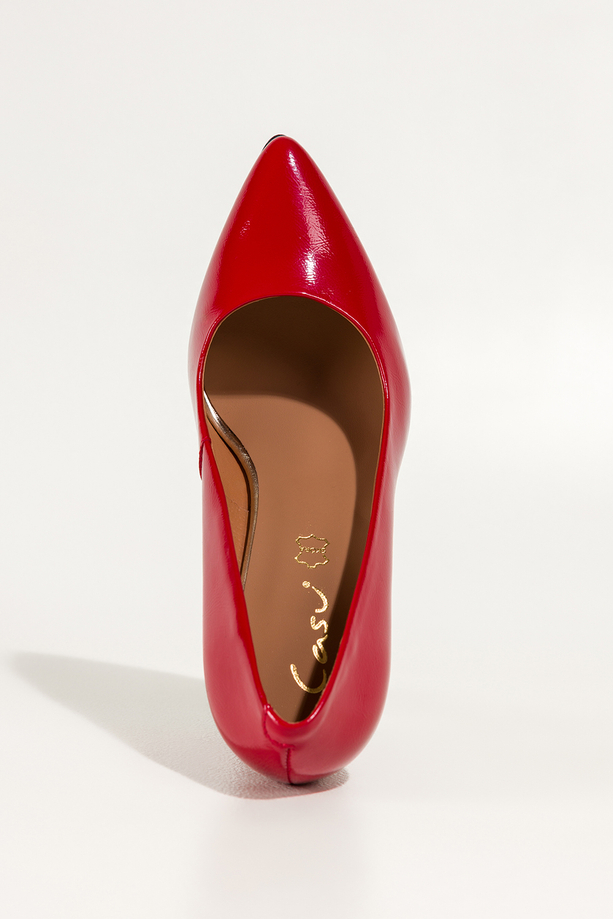 Czerwone czółenka skórzane damskie lakierowane na słupku PRODUKT POLSKI Casu 6986-381