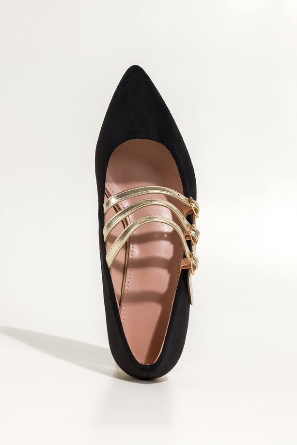 Czarne baleriny damskie Mary Jane na niskim obcasie złote paski na cholewce Carla N473K