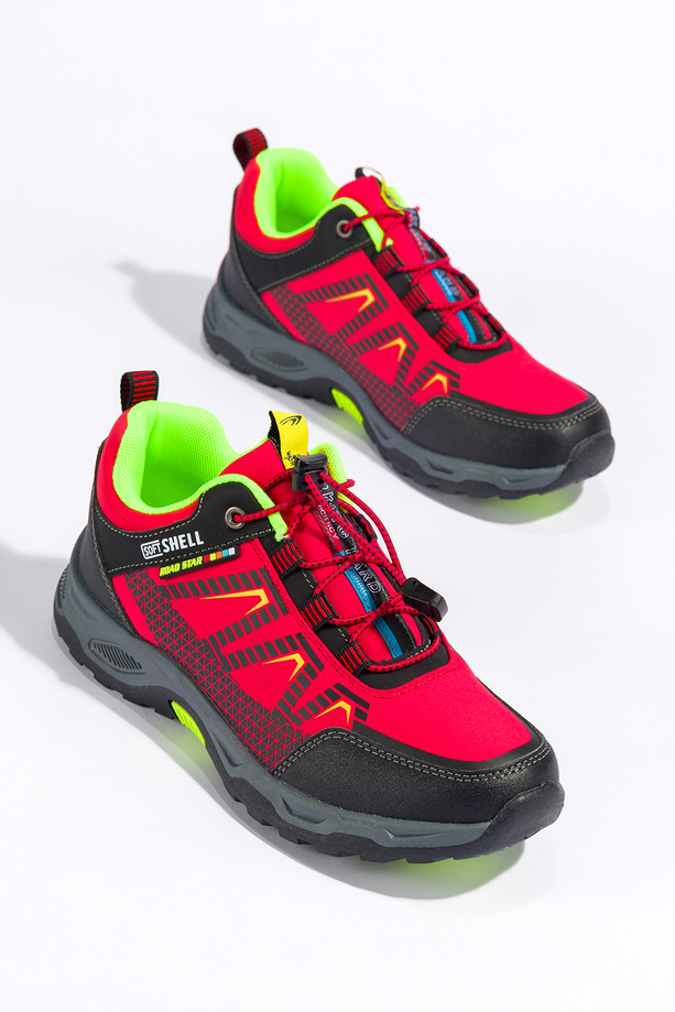 Czerwone buty trekkingowe damskie buty sportowe na bieżnikowanej podeszwie z regulowaną elastyczną sznurówką czarne wstawki softshell Casu 2213-3W