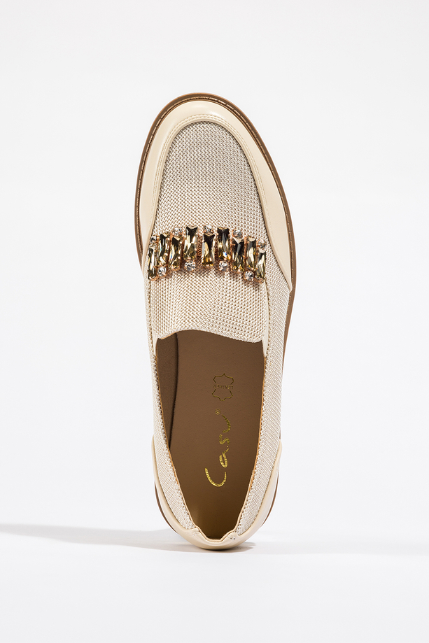 Beżowe mokasyny damskie błyszczące z kryształkami gumki w cholewce skórzana wkładka Casu JW25X5-G