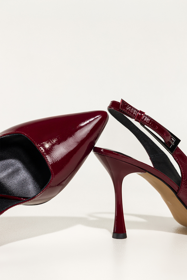 Bordowe czółenka skórzane damskie szpilki lakierowane z odkrytą piętą obcas kieliszek PRODUKT POLSKI Casu 7007-378