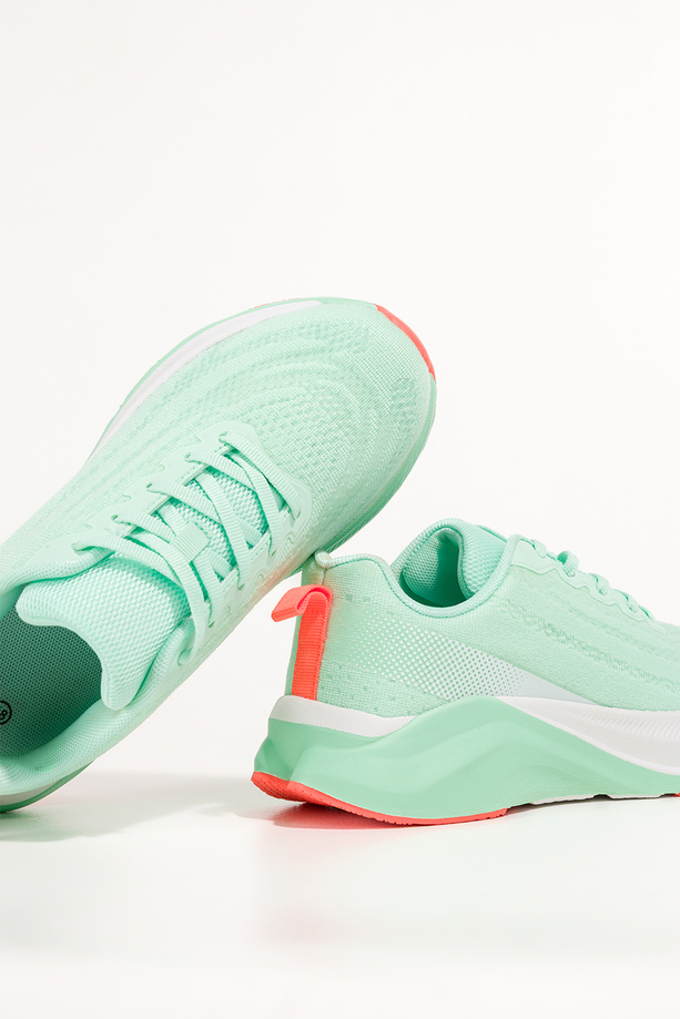 Zielone sneakersy damskie buty sportowe do biegania zielona platforma pomarańczowe wstawki sznurowane Casu 9032-3