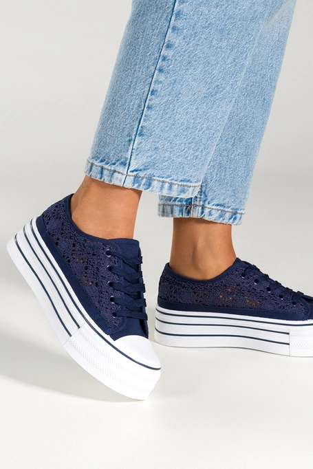Granatowe trampki damskie ażurowe sneakersy na platformie koronkowe sznurowane Carla BA152-12