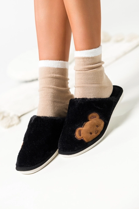 Czarne kapcie damskie obuwie domowe futrzane z misiem Casu B23-3