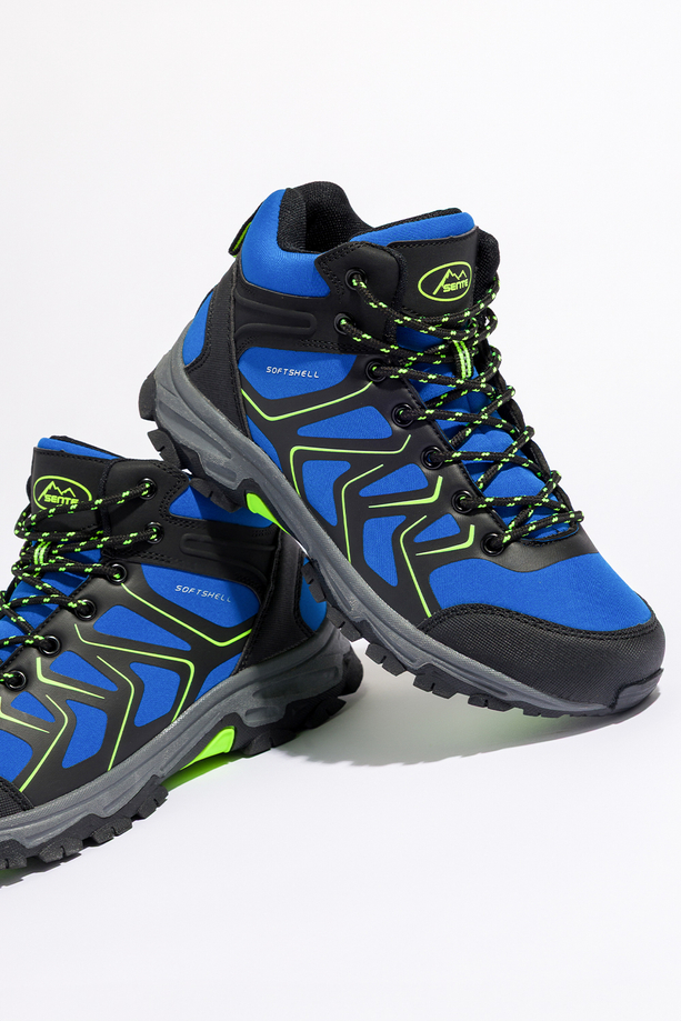 Niebieskie buty trekkingowe damskie z seledynowymi dodatkami sznurowane softshell Casu B2115-3