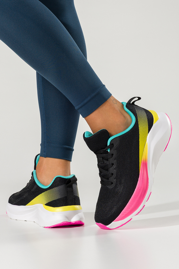 Czarne sneakersy damskie buty sportowe do biegania biała platforma turkusowe i różowe wstawki sznurowane Casu 9032-1