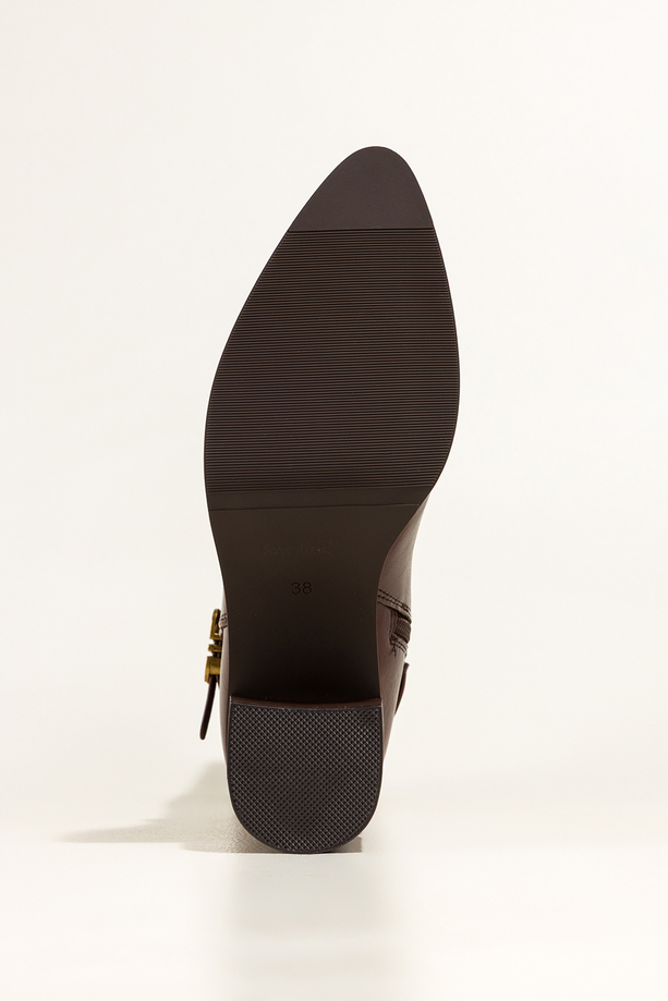 Brązowe kozaki damskie Sergio Leone obcas słupek na cholewce pasek ze złotą ozdobą PA74261