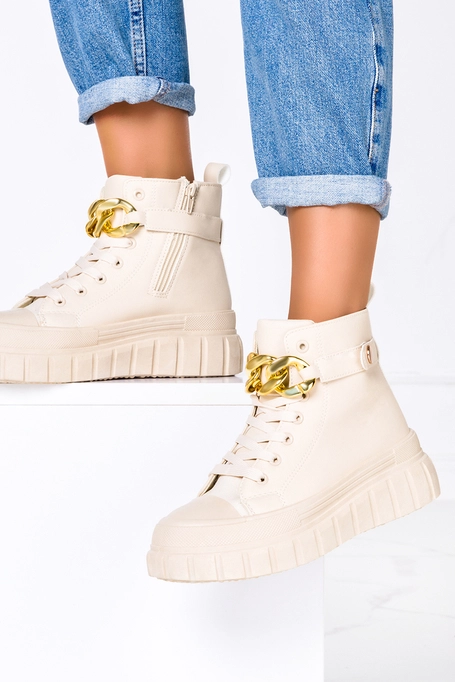 Kremowe botki na platformie ze złotym łańcuchem sznurowane Casu V2001