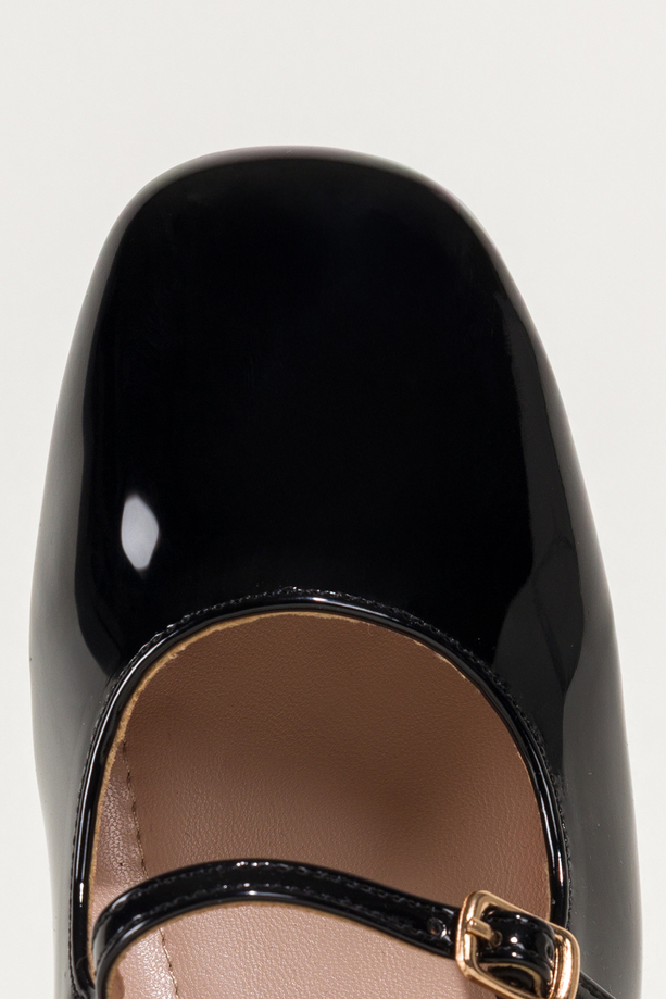 Czarne baleriny damskie lakierowane Mary Jane z paskami niski obcas klocek Carla ZR84K