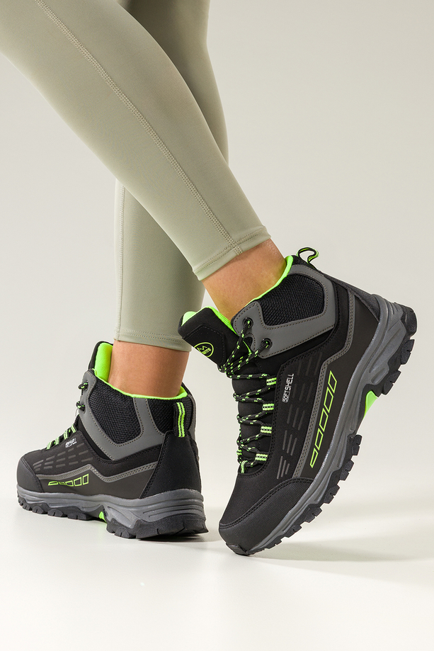 Czarne buty trekkingowe damskie z seledynowymi dodatkami sznurowane softshell Casu Y7994-7