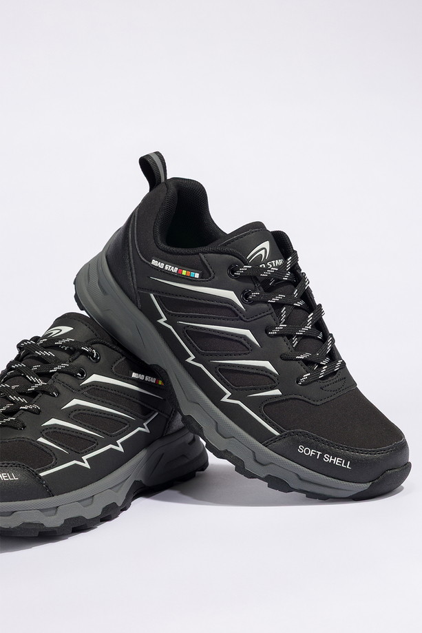 Czarne buty trekkingowe damskie buty sportowe na bieżnikowanej podeszwie sznurowane białe wstawki softshell Casu 2408-1W