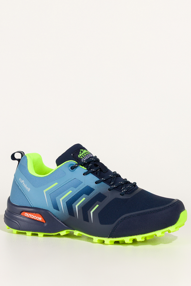 Granatowe buty trekkingowe damskie buty sportowe softshell na bieżnikowanej podeszwie seledynowe i niebieskie wstawki sznurowane Carla EY82976-89