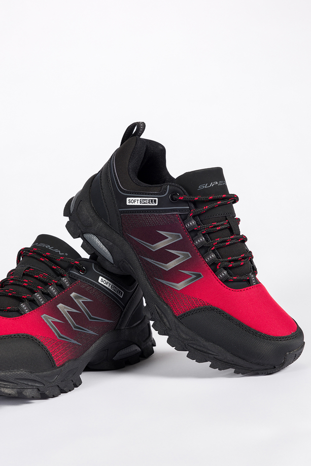 Czerwone buty trekkingowe damskie buty sportowe softshell na bieżnikowanej podeszwie czarne wstawki sznurowane Carla 8633