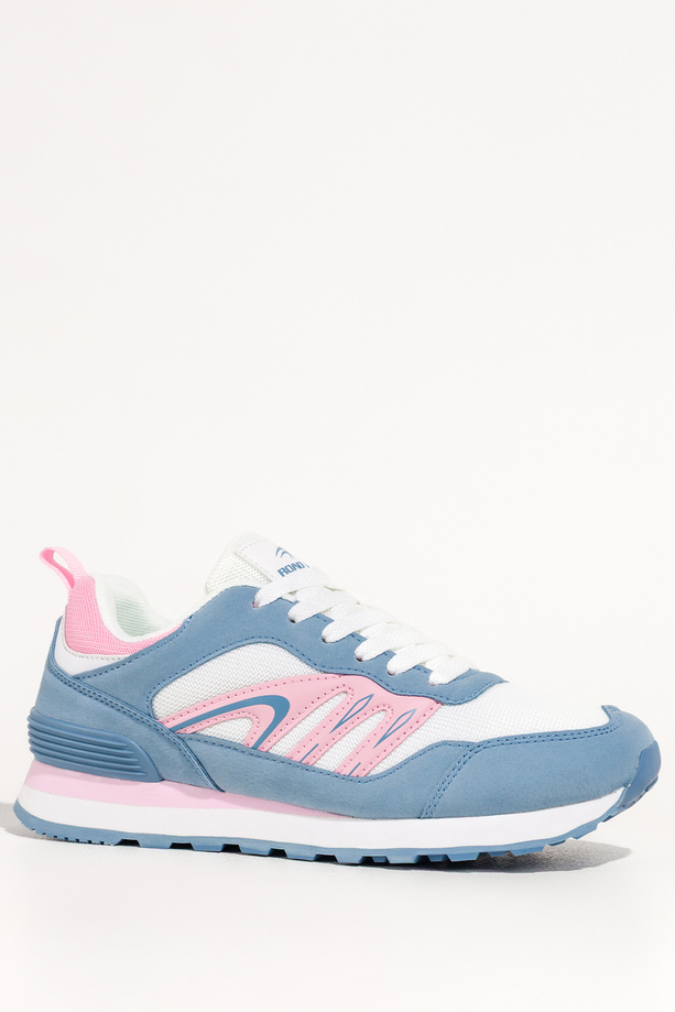 Niebieskie sneakersy damskie buty sportowe na żłobionej podeszwie sznurowane białe i różowe wstawki Casu 7398-88D