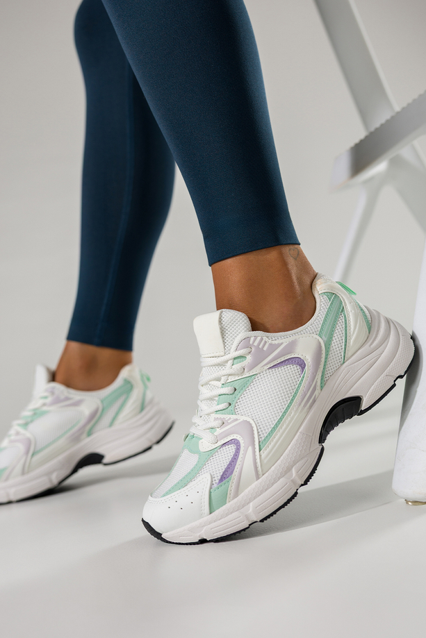 Białe sneakersy damskie buty sportowe na trening zielone i fioletowe wstawki sznurowane Casu ABO-1707