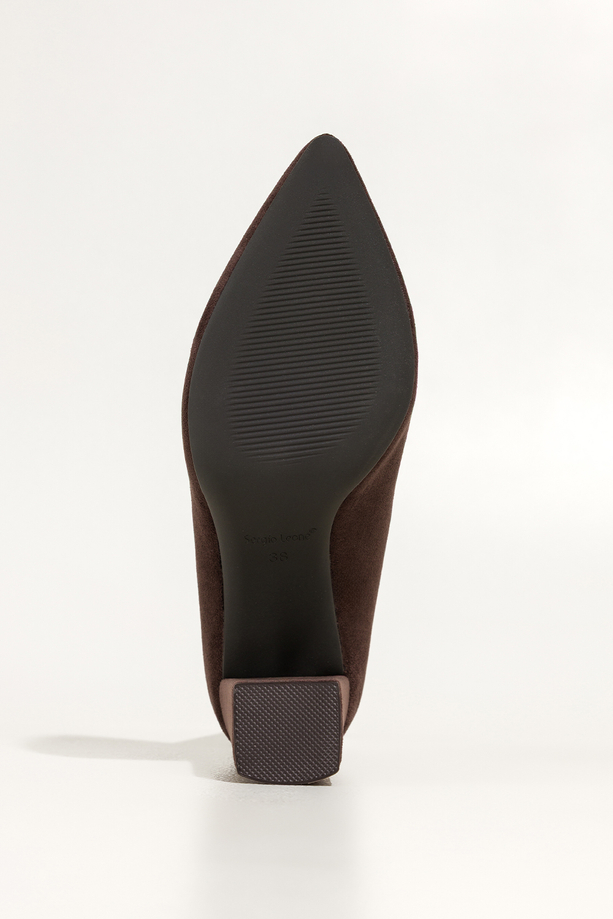 Czekoladowe czółenka damskie Sergio Leone obcas słupek skórzana wkładka złota ozdoba na pięcie KY783