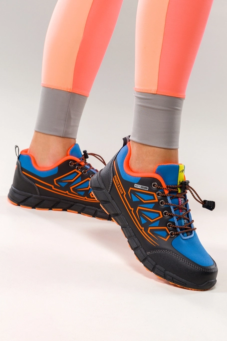 Niebieskie buty trekkingowe damskie buty sportowe na bieżnikowanej podeszwie z regulowaną elastyczną sznurówką pomarańczowe wstawki softshell Casu 2309-6W