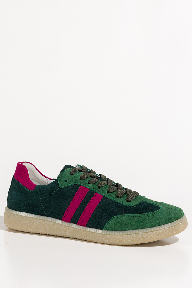 Zielone sneakersy skórzane damskie buty sportowe z fuksjowymi wstawkami sznurowane PRODUKT POLSKI Casu N1068