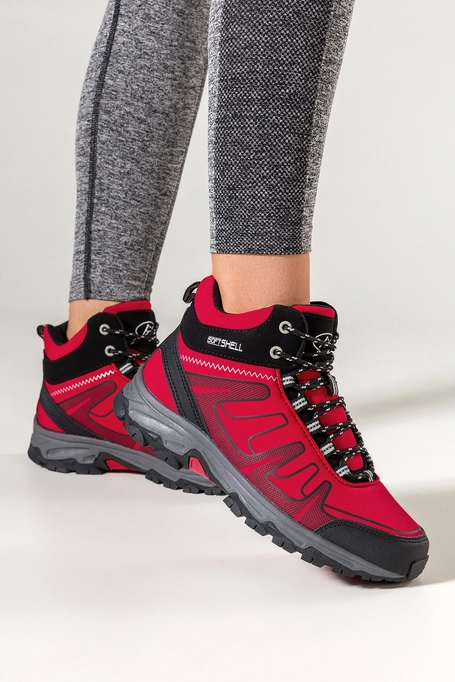 Czerwone buty trekkingowe damskie z czarnymi dodatkami sznurowane softshell Casu B2112-4