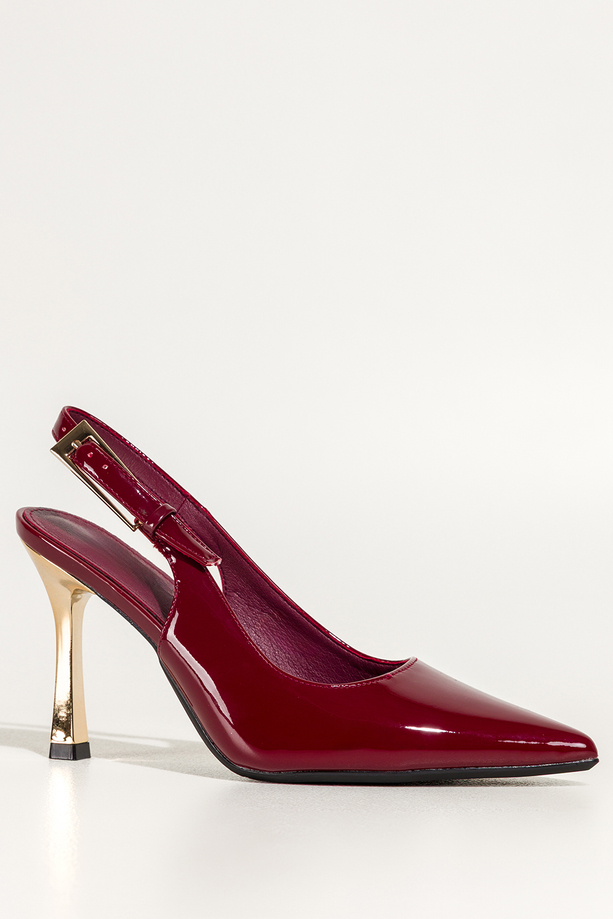 Bordowe czółenka damskie szpilki lakierowane odkryta pięta złoty obcas kieliszek Carla OV883K
