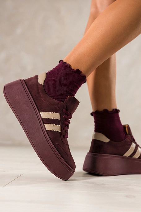 Bordowe sneakersy skórzane damskie buty sportowe na platformie beżowe wstawki sznurowane PRODUKT POLSKI Casu 5967
