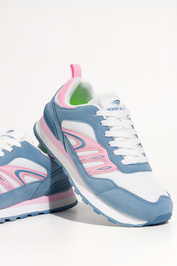 Niebieskie sneakersy damskie buty sportowe na żłobionej podeszwie sznurowane białe i różowe wstawki Casu 7398-88D
