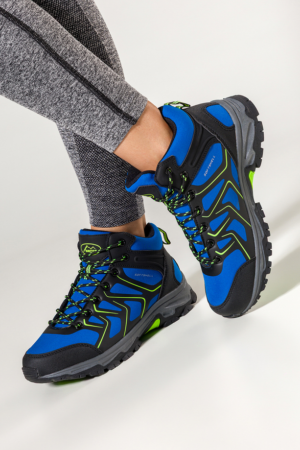 Niebieskie buty trekkingowe damskie z seledynowymi dodatkami sznurowane softshell Casu B2115-3