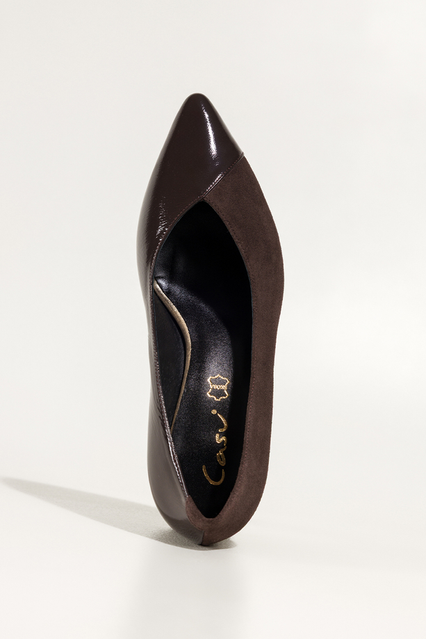 Czekoladowe czółenka skórzane damskie na szerokim obcasie PRODUKT POLSKI Casu 7088-329-648