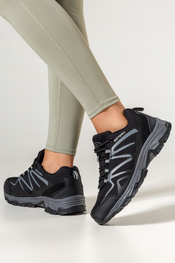 Czarne buty trekkingowe damskie z szarymi dodatkami sznurowane softshell Casu B2111-1
