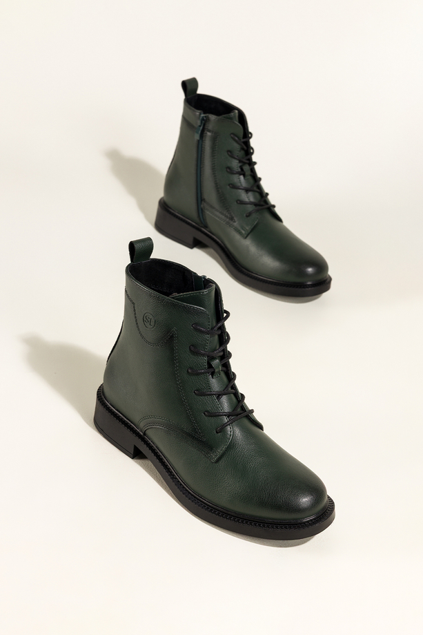 Zielone botki skórzane damskie Sergio Leone na szerokim klocku ozdobna podeszwa sznurowane YG74827-H