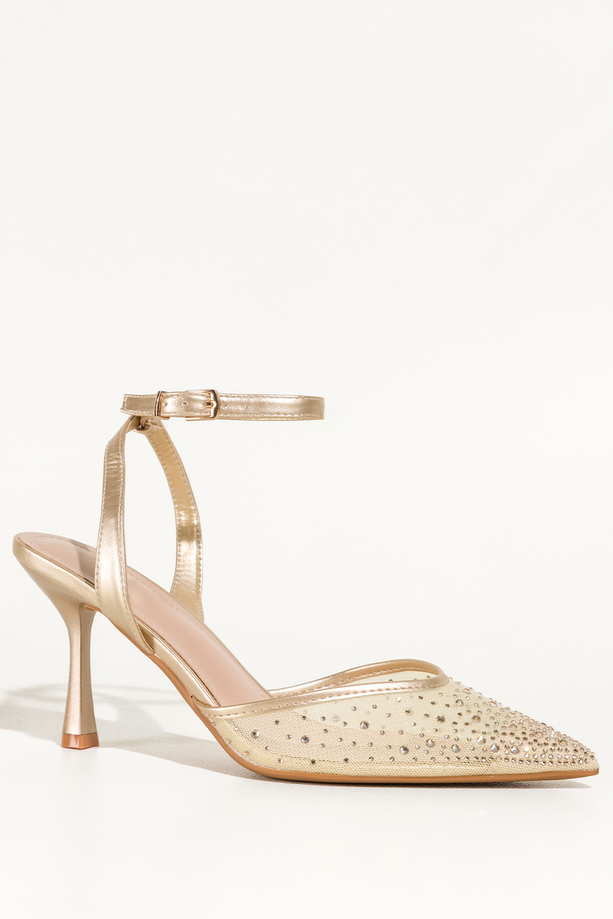 Złote czółenka damskie szpilki z siateczką ozdobione cyrkoniami odkryta pięta pasek wokół kostki obcas kieliszek Carla N874