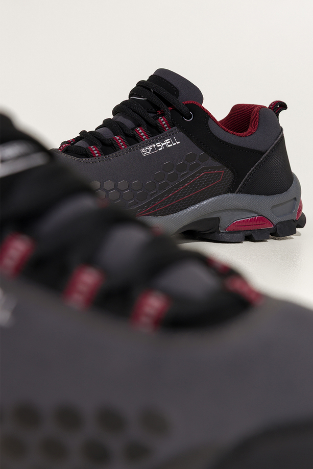 Szare buty trekkingowe damskie sznurowane z bordowymi wstawkami softshell Casu Y8187-2 