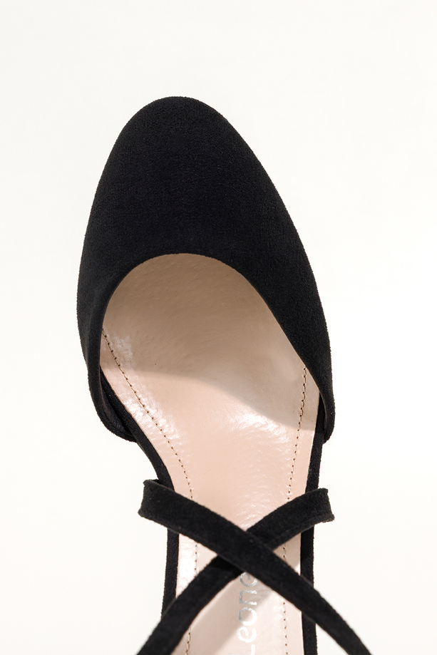 Czarne czółenka damskie Sergio Leone na szerokim słupku paski na krzyż skórzana wkładka HP175