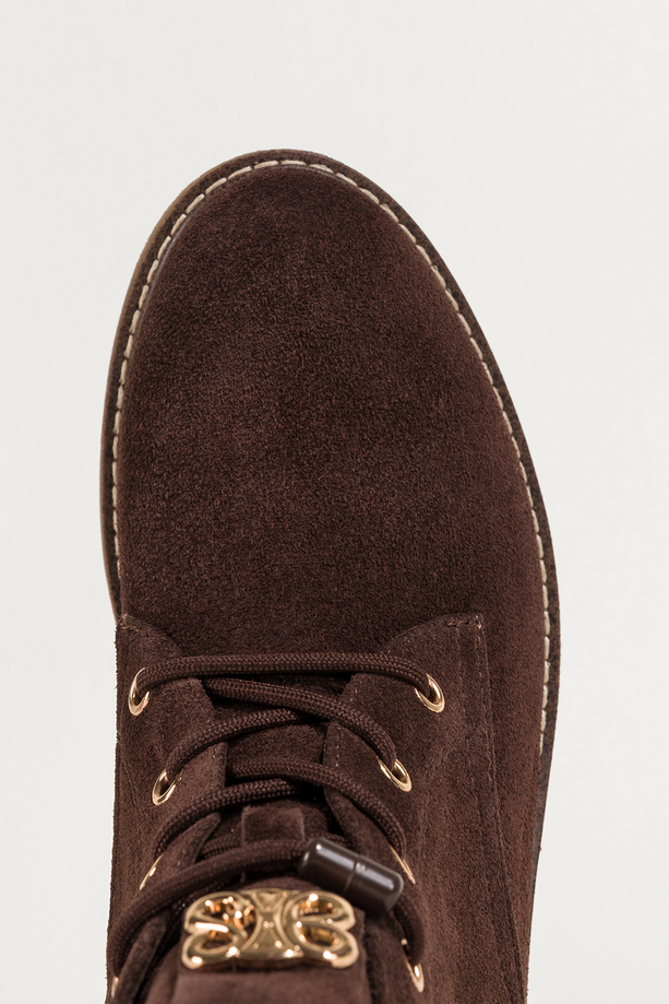 Czekoladowe botki damskie skórzane płaska podeszwa z przeszyciami złota ozdoba na języku nity sznurowane Carla B194-7