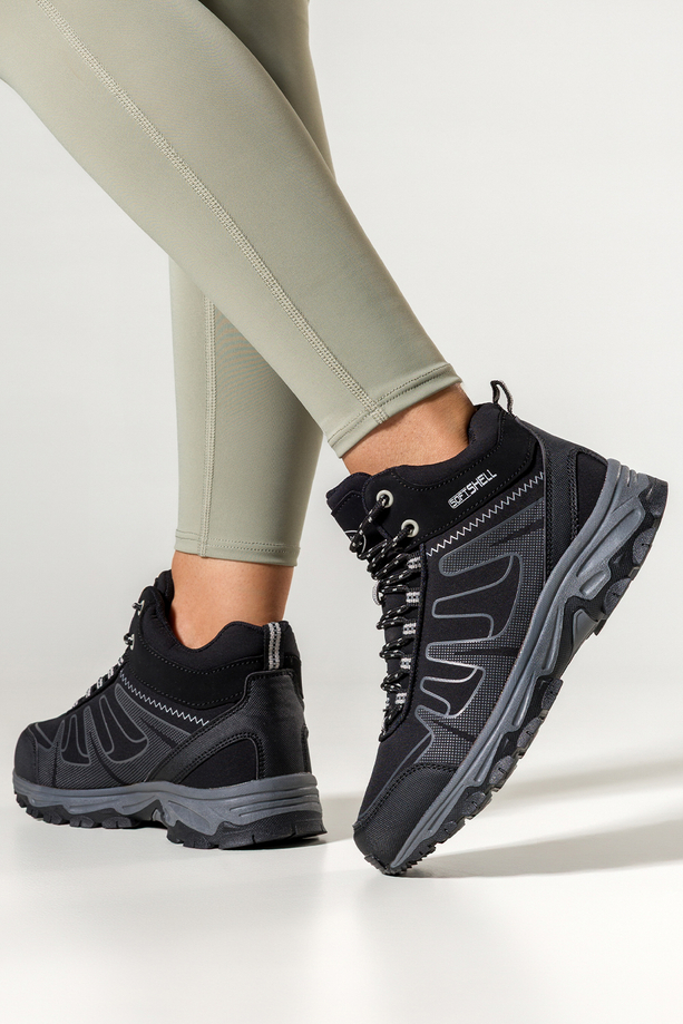 Czarne buty trekkingowe damskie z szarymi dodatkami sznurowane softshell Casu B2112-1