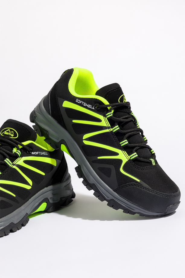 Czarne buty trekkingowe damskie z seledynowymi dodatkami sznurowane softshell Casu B2111-2