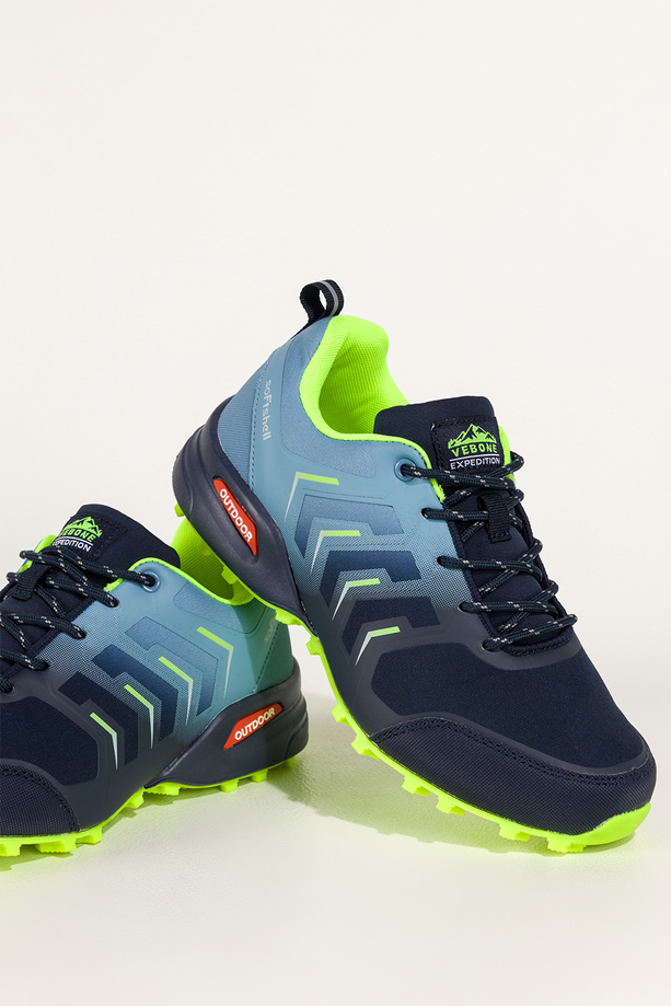 Granatowe buty trekkingowe damskie buty sportowe softshell na bieżnikowanej podeszwie seledynowe i niebieskie wstawki sznurowane Carla EY82976-89