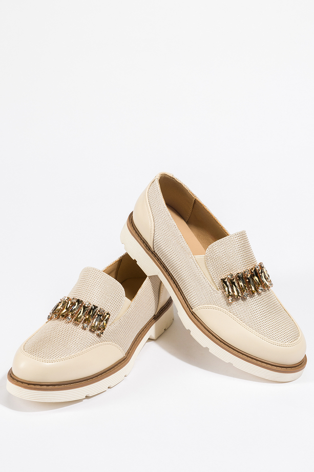 Beżowe mokasyny damskie błyszczące z kryształkami gumki w cholewce skórzana wkładka Casu JW25X5-G