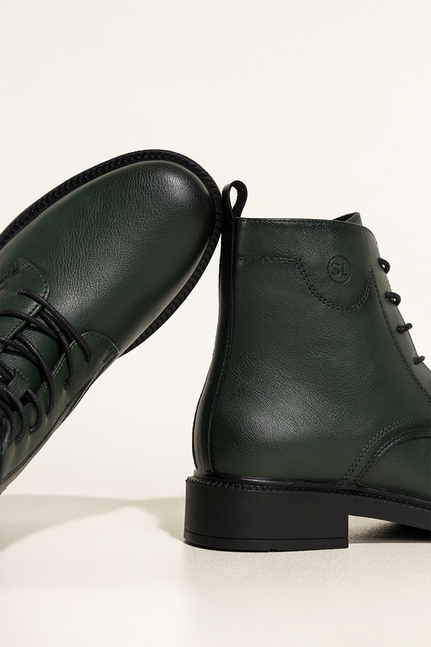 Zielone botki skórzane damskie Sergio Leone na szerokim klocku ozdobna podeszwa sznurowane YG74827-H