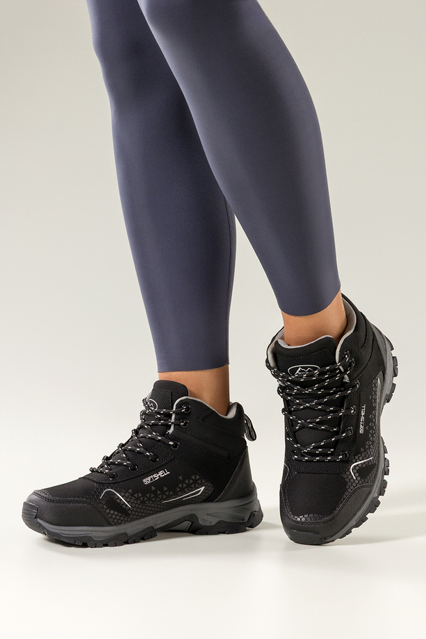 Czarne buty trekkingowe damskie z szarymi dodatkami sznurowane softshell Casu Y7997-8