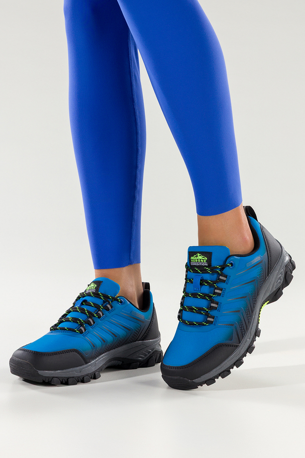 Niebieskie buty trekkingowe damskie buty sportowe softshell na bieżnikowanej podeszwie czarne wstawki sznurowane Carla EY82933-1